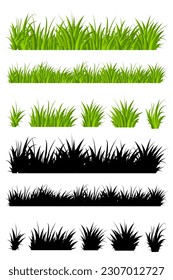 Green grass collection. Set of spring green grass horizontal borders. Meadow natural green herbal. Spring or summer plant leaves. Vector illustration