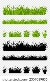 Grüne Grassammlung. Reihe von federgrünen Gras horizontalen Rändern. Weidengrüner Kräutergarten. Frühlings- oder Sommerpflanzenblätter. Vektorgrafik