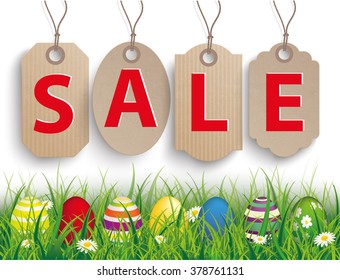 Green grass with colored easter eggs and 4 carton price stickers on the wooden background. Eps 10 vector file.