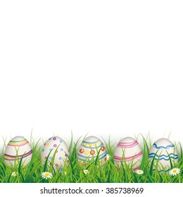 Green grass with colored easter eggs on the white background. Eps 10 vector file.