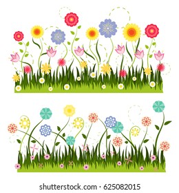 green grass and colorful flower vector on white background