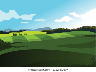 Green grass in country side with trees for background illustration and image