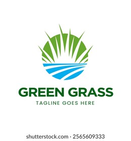 Green Grass Creative Logo Design with Nature Theme and Farmland Landscape Plantation Vector Illustration