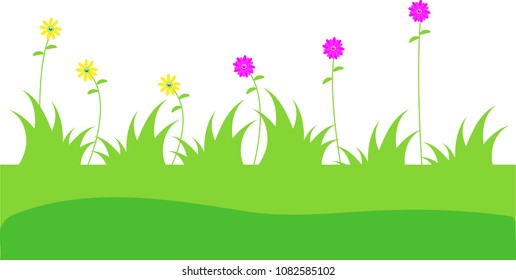 Green grass with cute spring flowers illustration isolated white background. Can use as web site header / Footer / banner