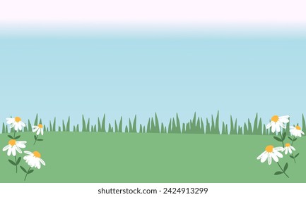 Green grass, daisy flower on blue sky background vector.