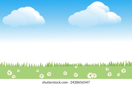 Green grass, daisy flower and white cloud on blue sky background vector.