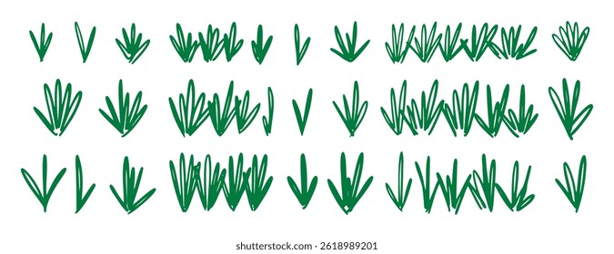  verde grama doodle mão desenhado ícone conjunto. Coleção de símbolos de clipart de linha de grama verde do desenho do contorno. Ilustração vetorial