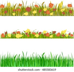 Green grass. Grass earth green, nature, background and green nature grass with earth. Ground dirt spring garden texture concept grow agriculture. Autumn grass, autumn leaves - stock vector