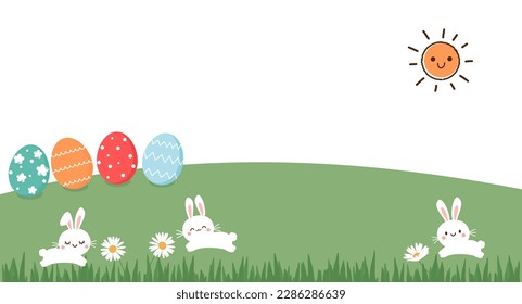 Green grass, Easter eggs, bunny rabbit cartoons and sun cartoon vector illustration.