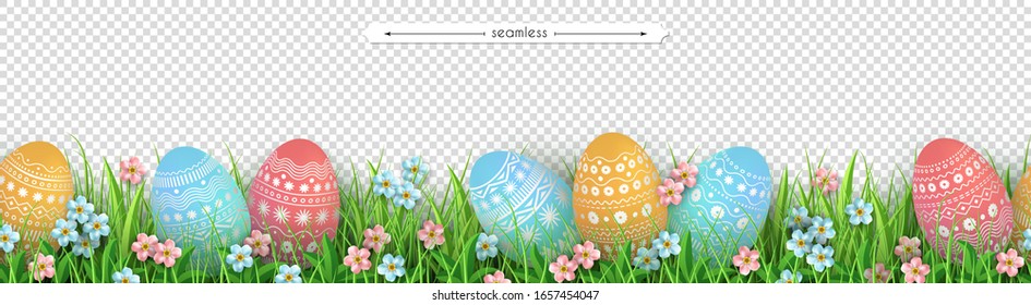 Green grass Easter eggs flowers seamless border. Decoration element of Easter design isolated on transparent background. Flat vector illustration of meadow grass and eggs