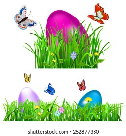 Green grass with Easter eggs, flowers and butterflies on white background