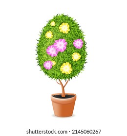 Green Grass Egg Tree in Flower Pot Isolated on White Background
