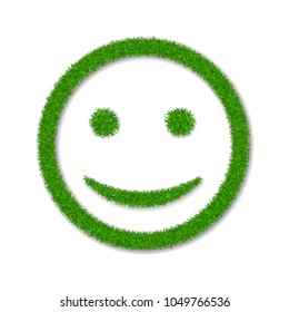 Green grass face smile. Smiley grassy icon, isolated white background. Ecology concept. Happy smiling sign. Symbol eco lawn, nature, safe environment, healthy, fresh spring Vector illustration