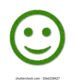 Green grass face smile. Smiley grassy icon, isolated white background. Ecology concept. Happy smiling sign. Symbol eco lawn, nature, safe environment, healthy, fresh spring Vector illustration