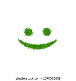 Green grass face smile. Smiley grassy icon, isolated white background. Ecology concept. Happy smiling sign. Symbol eco lawn, nature, safe environment, healthy, fresh spring Vector illustration