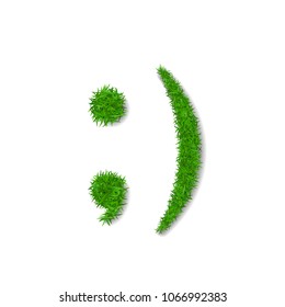 Green grass face wink smile. Smiley grassy emoticon icon, isolated white background. Happy smiling sign. Symbol ecology, eco lawn, safe nature, happy emotion, fresh spring Vector illustration
