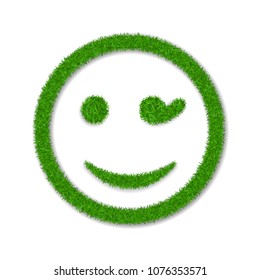 Green grass face wink smile. Smiley grassy emoticon icon, isolated white background. Happy smiling sign. Symbol ecology, eco lawn, safe nature, happy emotion, fresh spring Vector illustration