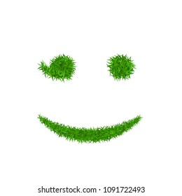 Green grass face wink smile. Smiley grassy emoticon icon, isolated white background. Happy smiling sign. Symbol ecology, eco lawn, safe nature, happy emotion, fresh spring Vector illustration