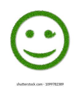 Green grass face wink smile. Smiley grassy emoticon icon, isolated white background. Happy smiling sign. Symbol ecology, eco lawn, safe nature, happy emotion, fresh spring Vector illustration