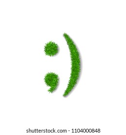 Green grass face wink smile. Smiley grassy emoticon icon, isolated white background. Happy smiling sign. Symbol ecology, eco lawn, safe nature, happy emotion, fresh spring Vector illustration