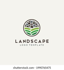 Green Grass Farm Field with Natural Rock Stone Wall for Nature Rural Landscape logo design