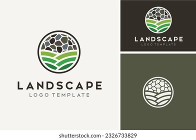 Green Grass Farm Field with Natural Rock Stone Wall for Nature Rural Landscape logo design