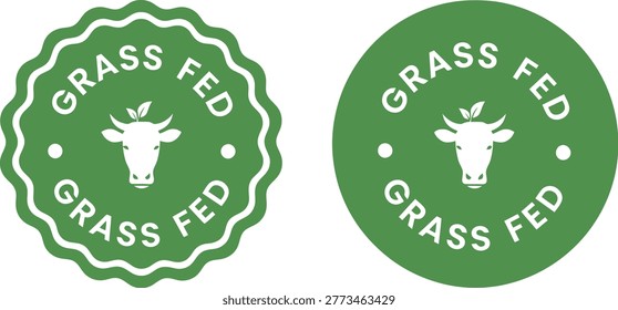 Green grass fed label badges with cow head icon and bold text, suitable for organic and natural food products packaging.