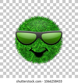 Green grass field 3D. Face smile with sunglasses. Smiley grassy icon, isolated white transparent background. Ecology concept. Happy smiling sign. Symbol eco lawn, nature Vector illustration