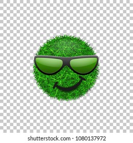 Green grass field 3D. Face smile with sunglasses. Smiley grassy icon, isolated white transparent background. Ecology concept. Happy smiling sign. Symbol eco lawn, nature Vector illustration