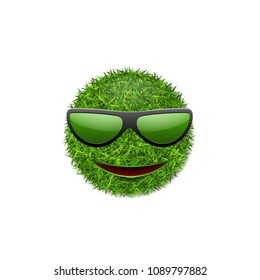Green grass field 3D. Face smile with sunglasses. Smiley grassy icon, isolated white background. Ecology concept. Happy smiling sign. Symbol eco lawn, nature, fresh spring Vector illustration