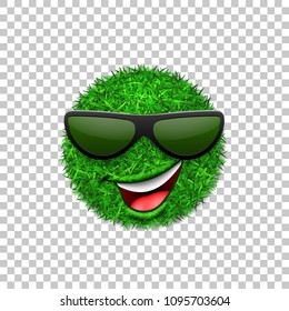 Green grass field 3D. Face wink smile with sunglasses. Smiley grassy emoticon icon isolated white transparent background. Happy smiling sign. Symbol ecology, nature, spring Vector illustration