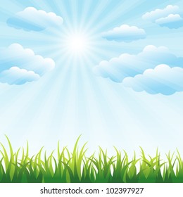 Green grass field and blue sky vector background with clipping mask