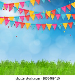 Green Grass Field and Blue Sky Background with Holiday Flags. Vector Illustration. EPS10