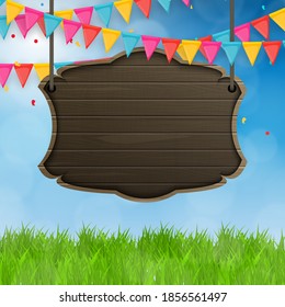 Green Grass Field and Blue Sky Background with Holiday Flags. Vector Illustration. EPS10