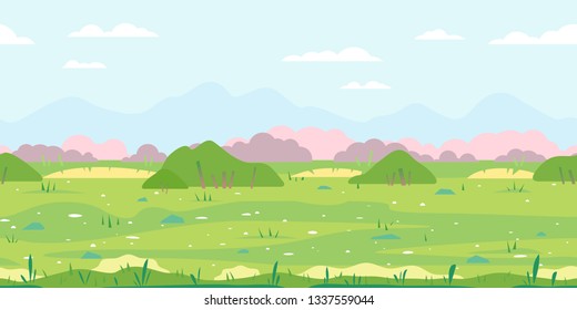 Green grass field with bushes, ground with stones near the bushes, nature game background in simple colors and flat style, tileable horizontally
