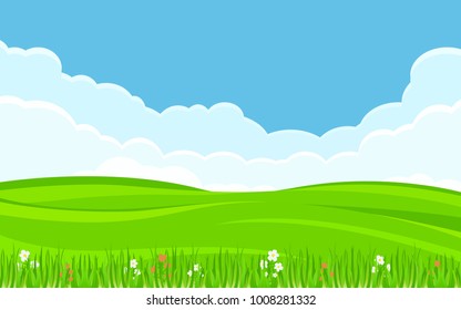 Green grass field in flat icon design with blue sky background