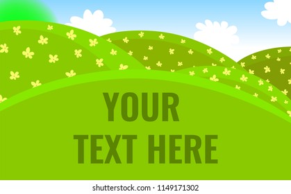 Green grass field with flowers background landscape. Flat background vector illustrations with custom text copy place. Can use for web banner, site backgrounds.