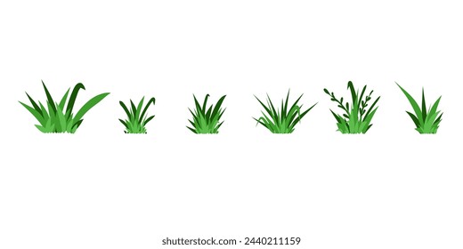 Green grass. Field isolated elements. Spring summer hand drawn herb, park lawn meadow sketch style, cartoon flat isolated botanical elements for decor, ecological symbol. Vector doodle illustration