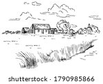 Green grass field on small hills. Meadow, alkali, lye, grassland, pommel, lea, pasturage, farm. Rural scenery landscape panorama of countryside pastures. Vector sketch illustration