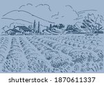 Green grass field on small hills. Meadow, alkali, lye, grassland, pommel, lea, pasturage, farm. Rural scenery landscape panorama of countryside pastures. Vector sketch illustration