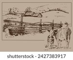 Green grass field on small hills. Meadow, alkali, lye, grassland, pommel, lea, pasturage, farm. Rural scenery landscape panorama of countryside pastures. Vector sketch illustration
