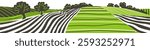 Green grass field on small hills. Meadow, alkali, lye, grassland, pommel, lea, pasturage, farm. Rural scenery landscape panorama of countryside pastures. Vector sketch line illustration