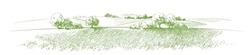 Green Grass Field On Small Hills. Meadow, Alkali, Lye, Grassland, Pommel, Lea, Pasturage,  Farm. Rural Scenery Landscape Panorama Of Countryside Pastures. Vector Sketch Illustration