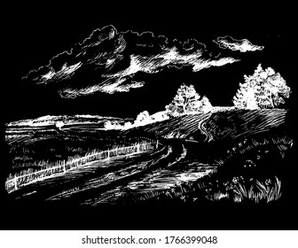 Green grass field on small hills. Meadow, alkali, lye, grassland, pommel, lea, pasturage, farm. Rural scenery landscape panorama of countryside pastures. Vector sketch illustration