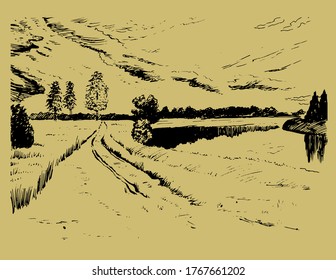 Green grass field on small hills. Meadow, alkali, lye, grassland, pommel, lea, pasturage, farm. Rural scenery landscape panorama of countryside pastures. Vector sketch illustration