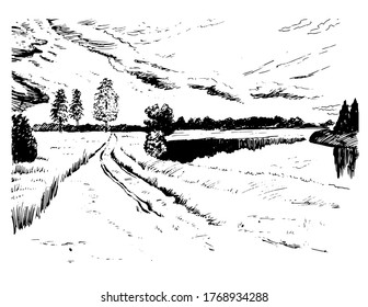 Campo de hierba verde en pequeñas colinas. pradera, álcali, lejía, prados, pomelo, pulga, pasto, granja. Paisajes rurales con vistas panorámicas de paisajes rurales. Ilustración de esbozo de vector