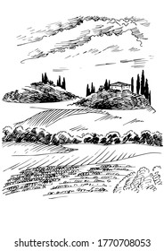 Green grass field on small hills. Meadow, alkali, lye, grassland, pommel, lea, pasturage, farm. Rural scenery landscape panorama of countryside pastures. Vector sketch illustration