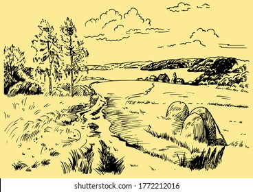 Grünes Grasfeld auf kleinen Hügeln. Weide, Alkali, Lye, Grasland, Pommel, Lea, Weide, Bauernhof. Landschaftliches Panorama auf die Landschaft der Weiden. Vektorgrafik