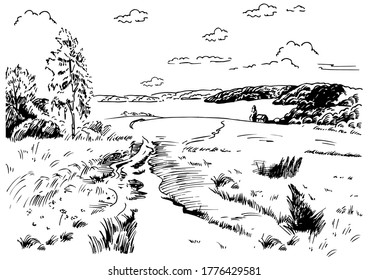 Green grass field on small hills. Meadow, alkali, lye, grassland, pommel, lea, pasturage, farm. Rural scenery landscape panorama of countryside pastures. Vector sketch illustration