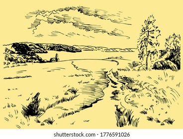 Green grass field on small hills. Meadow, alkali, lye, grassland, pommel, lea, pasturage, farm. Rural scenery landscape panorama of countryside pastures. Vector sketch illustration